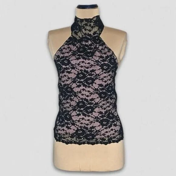Vintage Y2K Speechless Halter Top High Neck Stretchy Sheer Lace Black Pink Sz S - Picture 1 of 13